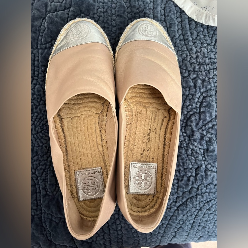 Tory Burch espadrille loafers. Tan leather w/ silver at toe. Size 9.5.